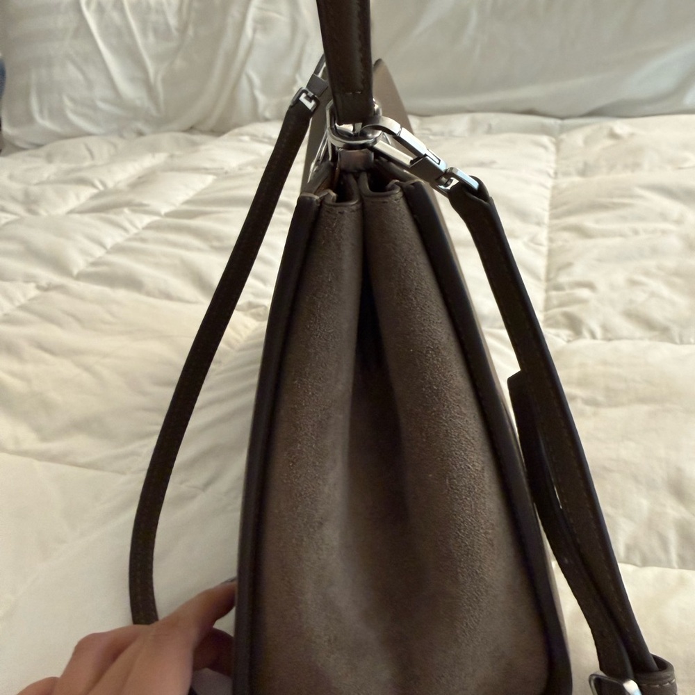 Tory Burch Eleanor Pebbled Satchel Wild Mushroom Leather Suede Bag - Picture 3 of 8